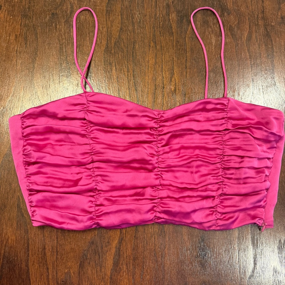 Zara Pink Ruched Satin Crop Top | Hot Pink Sleeveless Cami Party Blouse UNRAVEL
